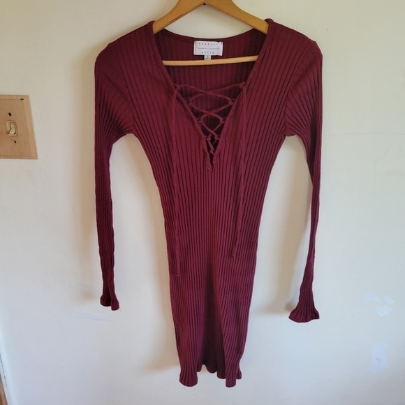 KENDALL & Kylie Mini Dress Long Sleeve Thick Rib Red Small - Picture 1 of 7